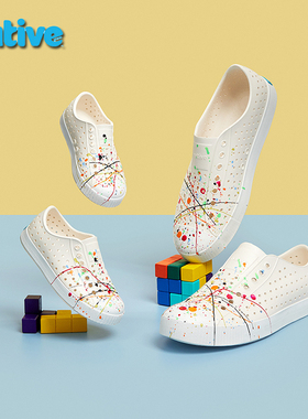 native亲子洞洞鞋Jefferson泼墨染色沙滩鞋透气包头平底休闲凉鞋