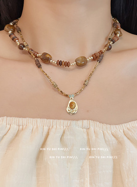 美拉德仿虎眼石项链复古串珠锁骨链国风中古颈链女2024新款爆款