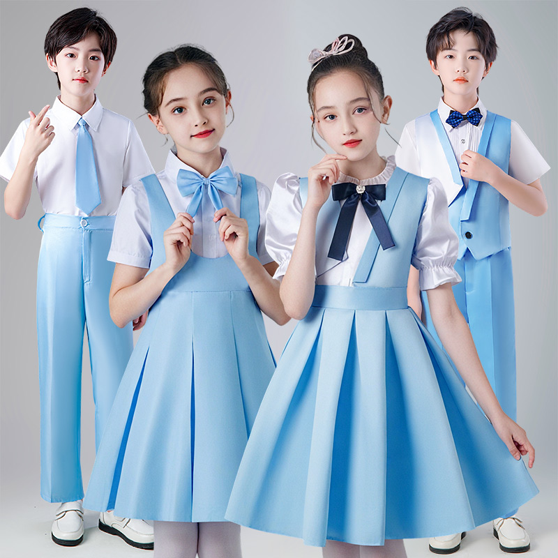 儿童小学生幼儿合唱服装女童诗歌朗诵口才演讲比赛演出服蓝色礼服