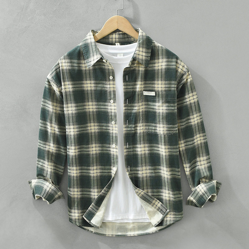 日系复古格子长袖衬衫男士学生潮流百搭休闲青年宽松翻领上衣6963,男装,衬衫,淘宝优惠券,粉丝福利购,淘宝优惠卷