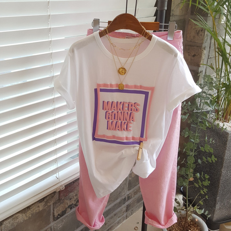 白色t恤女短袖纯棉撞色字母韩国2025夏装新款薄款宽松休闲上衣ins