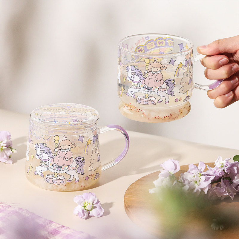 蓝莲花家居玻璃高脚杯办公室喝水杯女生网红耐热杯子高颜值盖杯