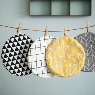 蓝莲花北欧风格 锅垫圆形森系餐垫棉麻布艺隔热垫简约家用创意实用