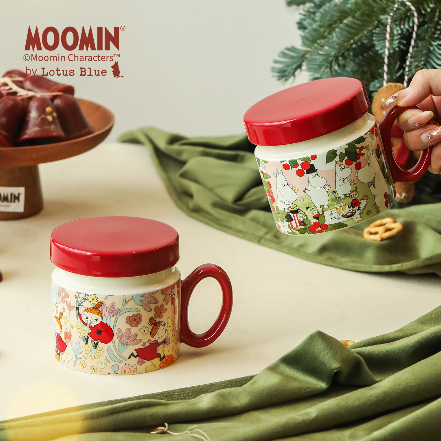 蓝莲花高颜值圣诞陶瓷带盖马克杯