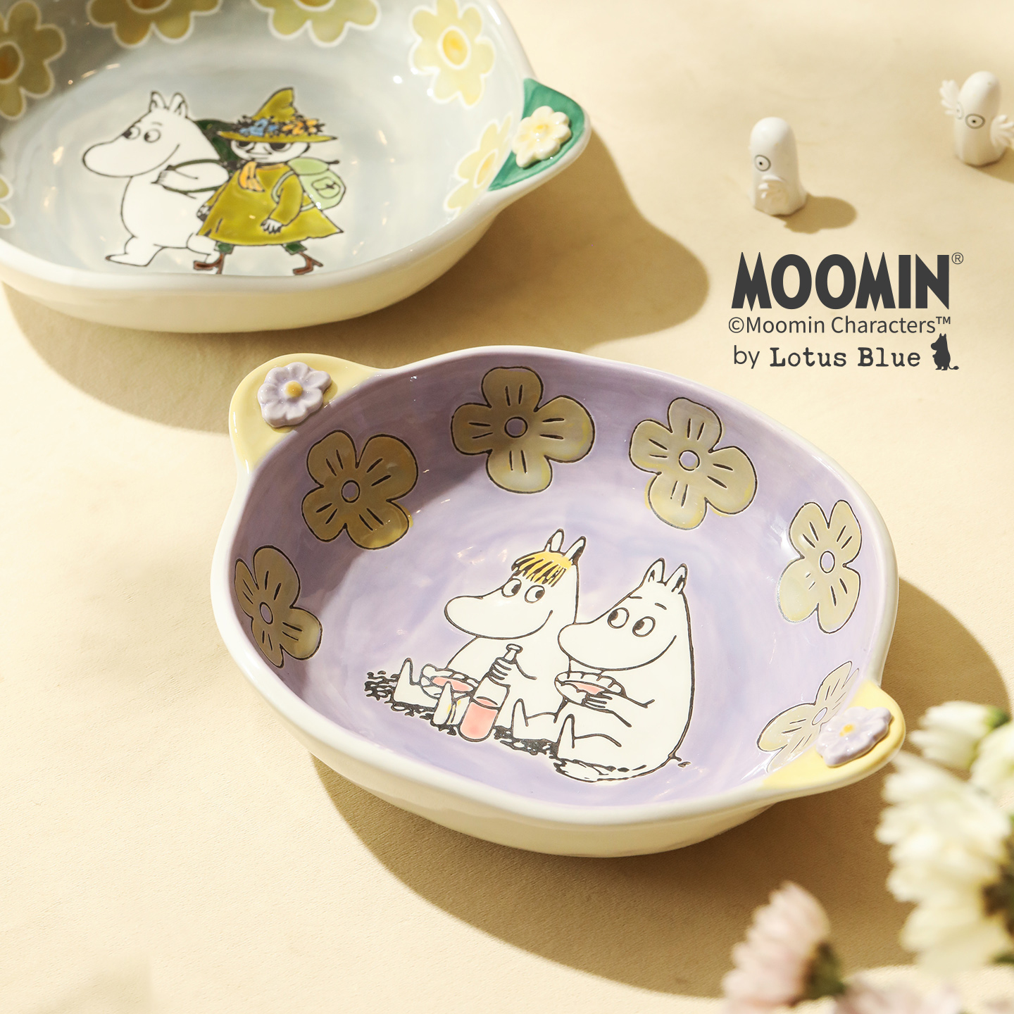 蓝莲花姆明盘子家用双耳手绘陶瓷