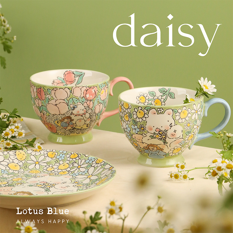 蓝莲花家居手绘茶杯早餐杯咖啡杯杯子瓷杯高颜值釉下彩陶瓷马克杯