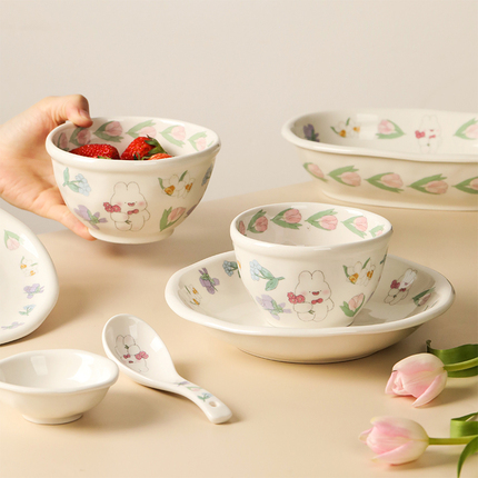 蓝莲花家居茉茉兔碗个人专用可爱陶瓷网红碗盘创意家用郁金香餐具
