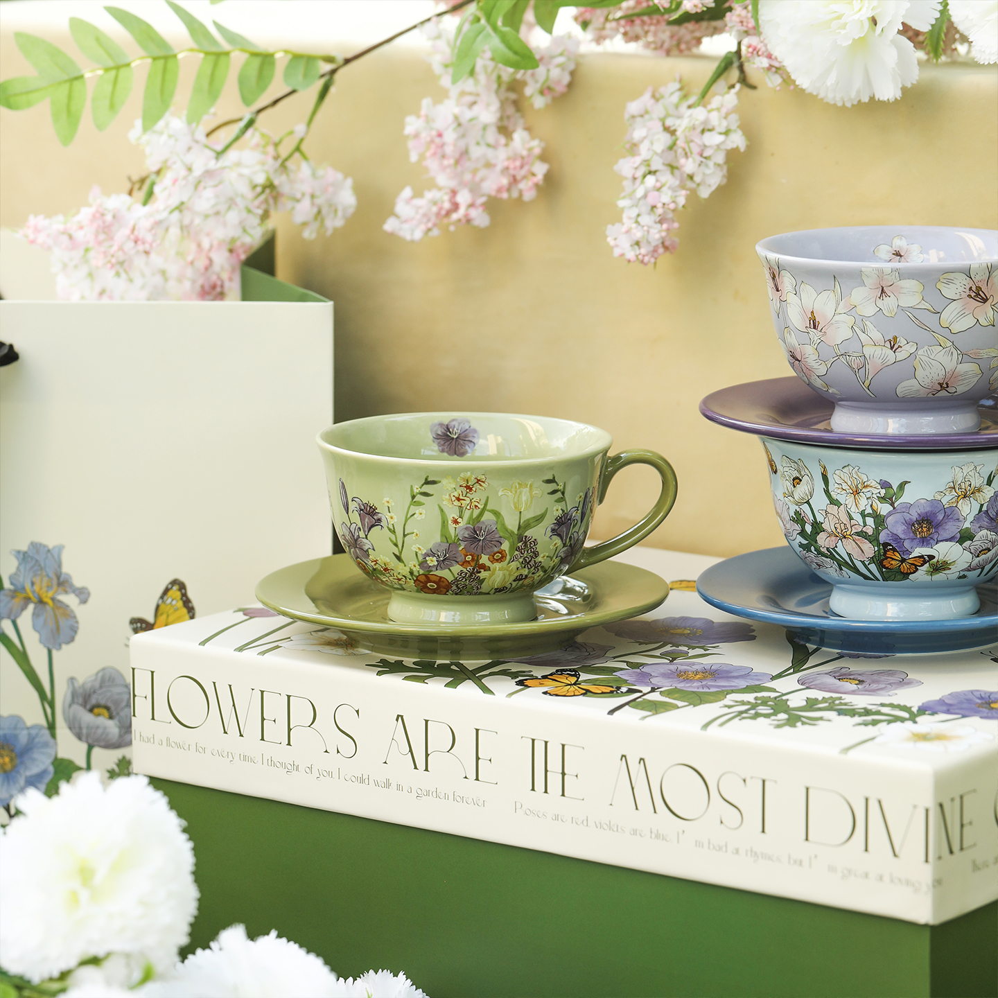 蓝莲花咖啡杯碟套装陶瓷高级感