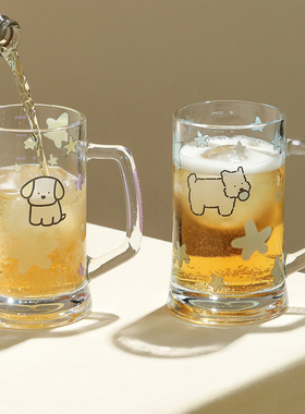 蓝莲花家居高颜值玻璃啤酒杯水杯果汁冷饮杯家用大容量带把手杯子