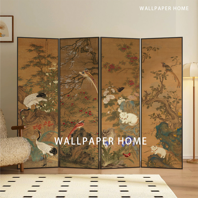 小红书定制复古新中式屏风墙纸客厅卧室DIY花鸟壁画背景屏风壁画i,家装主材,定制壁画,淘宝优惠券,粉丝福利购,淘宝优惠卷