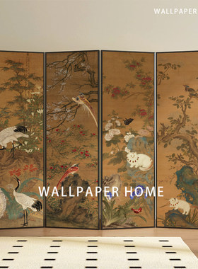 小红书定制复古新中式屏风墙纸客厅卧室DIY花鸟壁画背景屏风壁画i