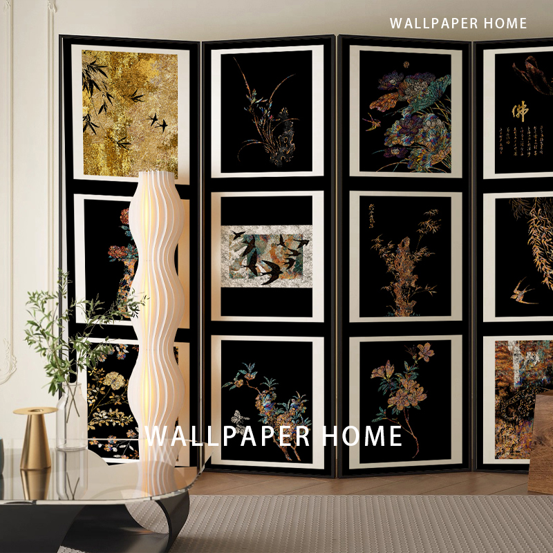 小红书定制中古风diy屏风墙纸装饰画屏风壁纸复古中式壁布屏风画i