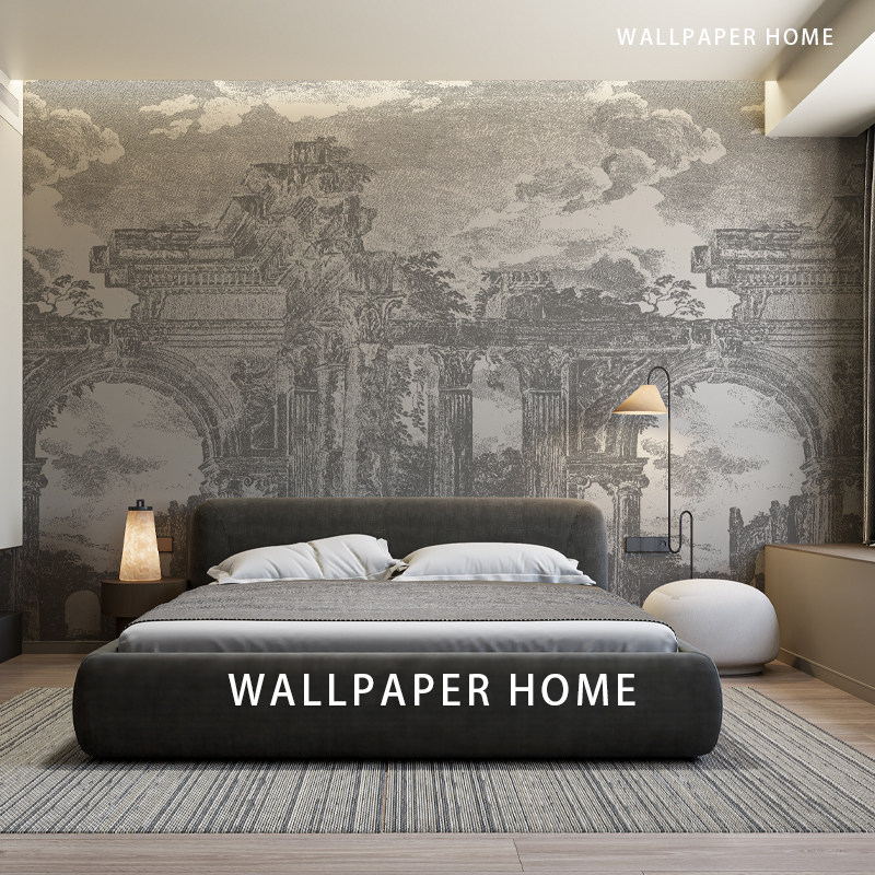 小红书定制法式墙纸复古欧式建筑定制壁画卧室客厅背景墙床头壁布