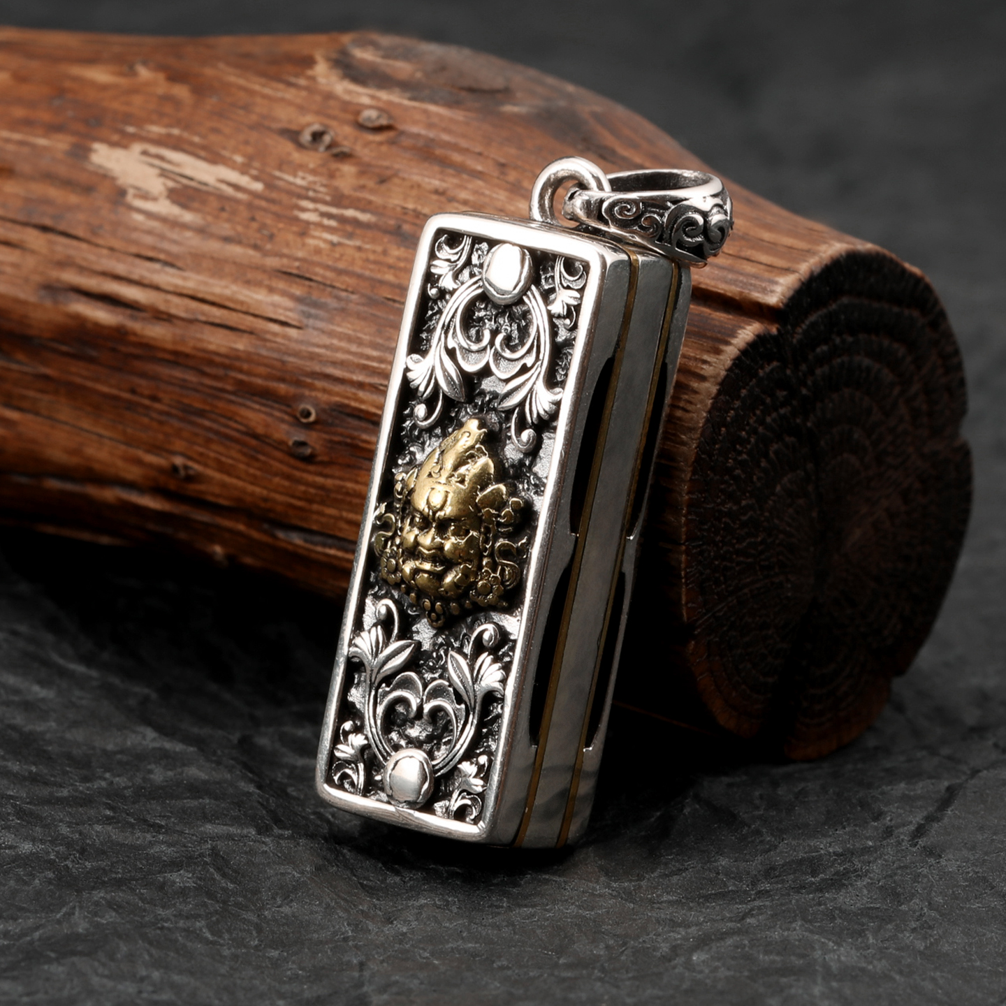 纯银S925重工新款黄财神口琴男士吊坠霸气复古做旧潮流毛衣链挂件