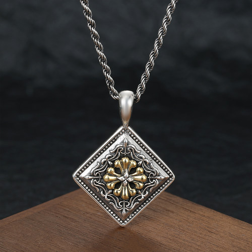 Horizon Blue立体浮雕金蔷薇花银饼吊坠S925纯银男士太阳花项坠女