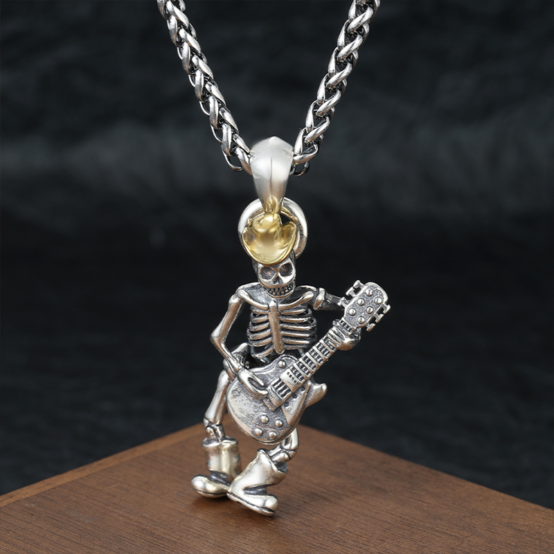 欧美摇滚机车嘻哈风骷髅吉他手个性吊坠S925纯银男士霸气复古挂坠