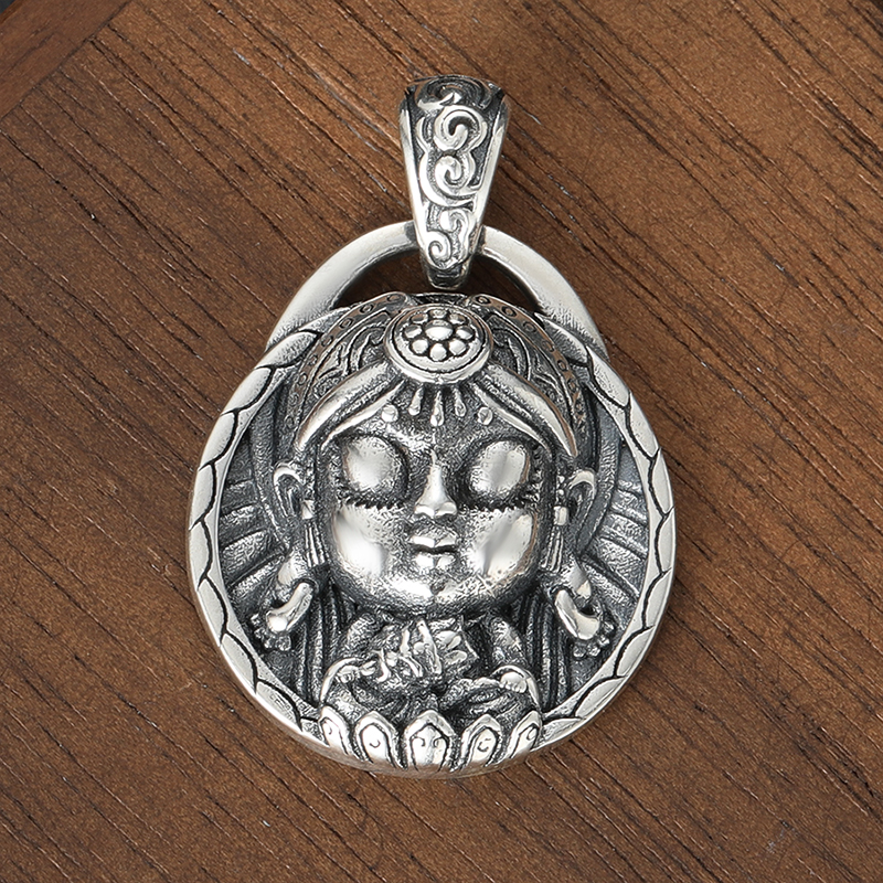 西藏传民族风女财神扎基拉姆吊坠S925纯银复古做旧情侣毛衣链坠子