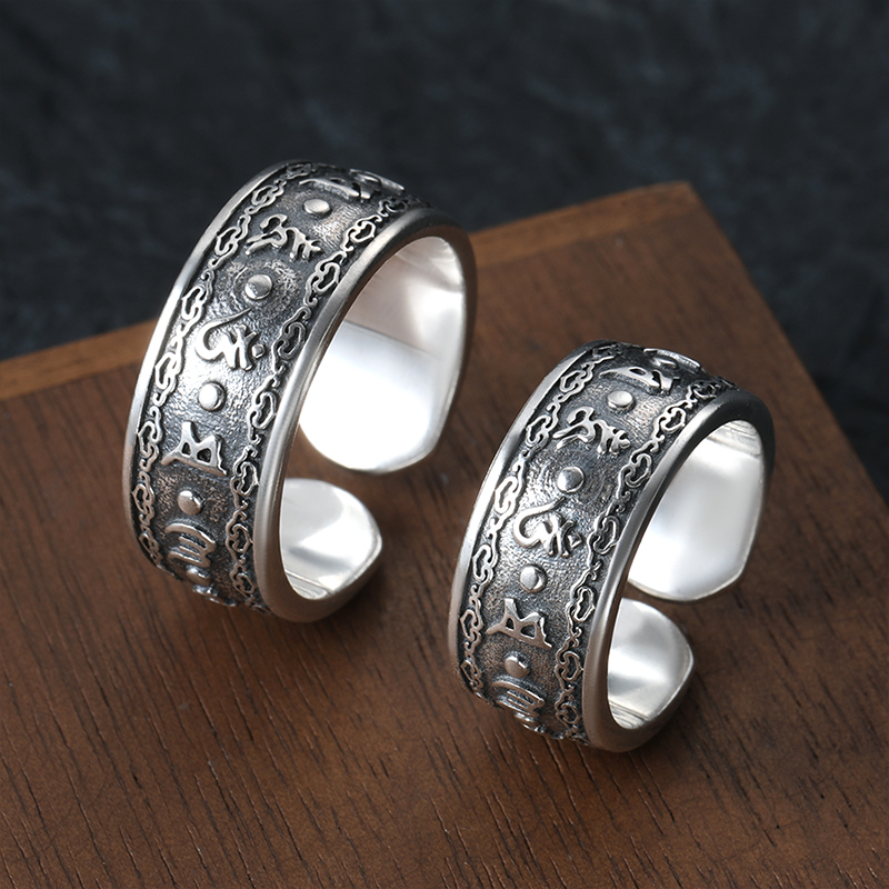潮男单身复古指环个性藏文六字真言情侣开口可调节戒指女S925纯银