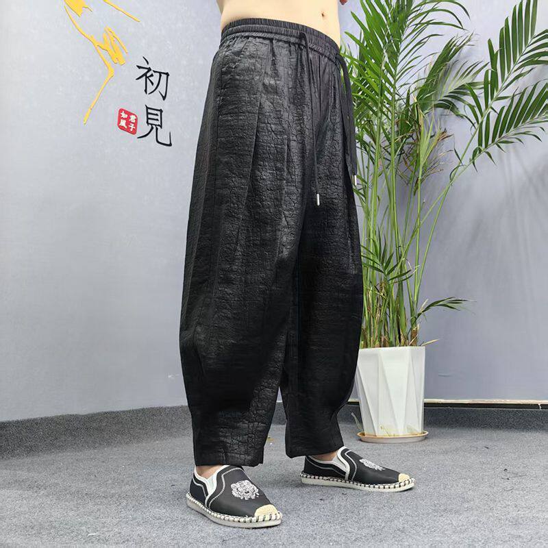 桑蚕丝裂纹香云纱裤子莨绸男士长裤松紧系带真丝宽松休闲裤灯笼裤