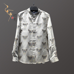新中式国风雅致蝴蝶图案男装上衣100桑蚕丝宋锦立领高端长袖衬衣