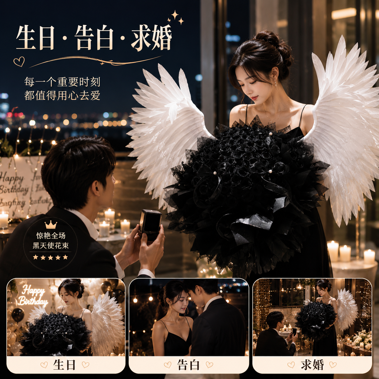 七夕天使之翼黑玫瑰送女友表白北京鲜花同城速递武汉长沙重庆成都