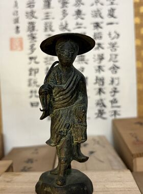 日本回流铜挑水妇人，人物摆件