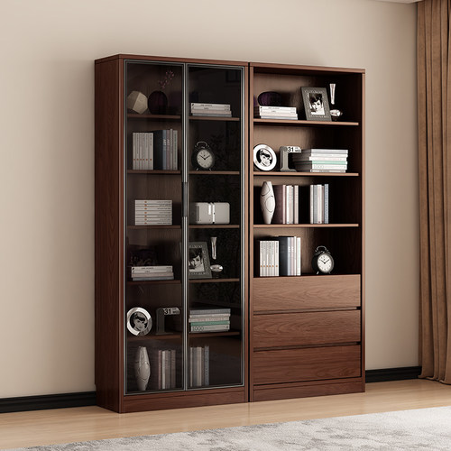 实木书柜玻璃门储物柜一体家用客厅展示柜置物架胡桃色整墙落地柜