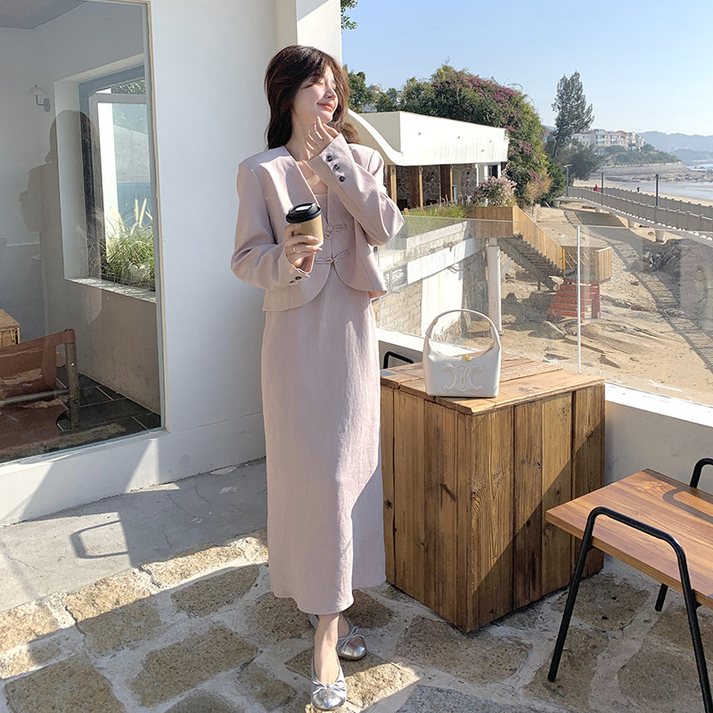 高级气质穿搭粉色新中式外套配吊带连衣裙女春秋超火好看国风套装,女装套装/套裙,2C151