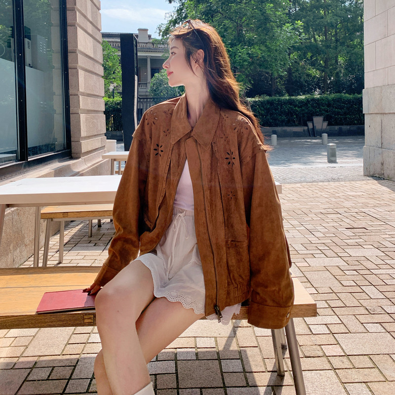 咖色花朵镂空麂皮绒短外套女2025秋季新款小个子洋气减龄夹克上衣,女装短外套,2C151