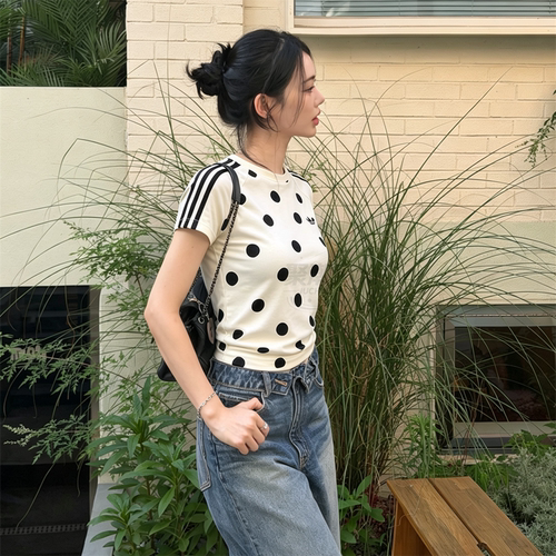 Adidas阿迪达斯三叶草女子波点修身显瘦短袖运动T恤KV1193 KV1192