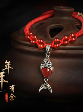 男女纯银玉石年年有鱼手工收脚链