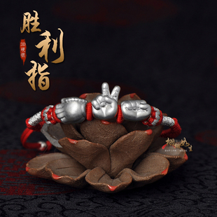 999纯银胜利手势手链成功万事大吉富贵吉祥红绳手工脚链男女学生