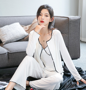 2023年新款睡衣女春秋款纯棉吊带纯欲风带胸垫防凸点家居服三件套