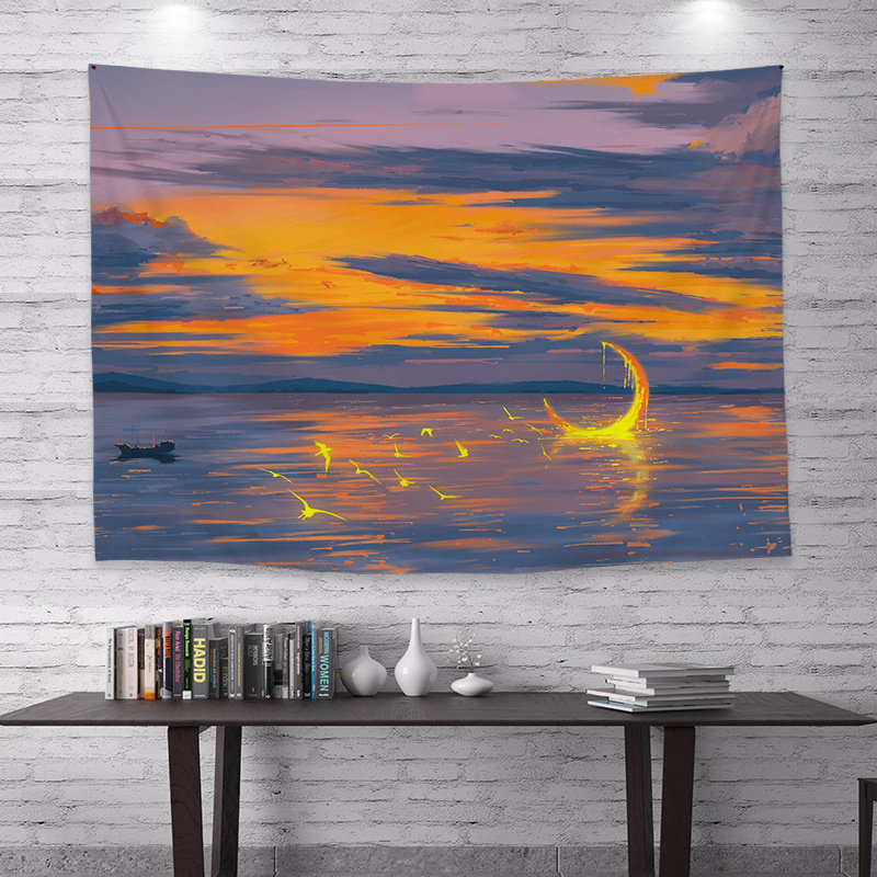 日落晚霞风景背景布学生宿舍房间床头装饰挂布云朵窗户租房挂毯