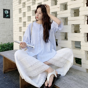 浅蓝色木耳边减龄衬衫套装女2025年夏季新款蕾丝拼接阔腿裤两件套图片