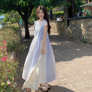 撞色拼接吊带连衣裙女2025夏季新款法式度假风甜美减龄长裙两件套图片