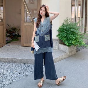 蕾丝拼接马甲阔腿裤套装女夏老钱风小众不撞款大方得体两件套超火图片
