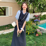 轻熟风桔梗法式连衣裙女夏季2025新款假两件拼接大方得体的连衣裙，女装连衣裙，2C198
