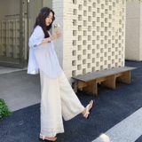 浅蓝色木耳边减龄衬衫套装女2025年夏季新款蕾丝拼接阔腿裤两件套，女装套装/套裙，2C198