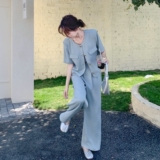 淡人穿搭蓝色休闲套装女夏季2025新款气质通勤圆领上衣长裤两件套，女装套装/套裙，2C198