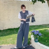 灰色假两件套装女2025夏季一整套ootd穿搭高级感上衣阔腿裤两件套，女装套装/套裙，2C198