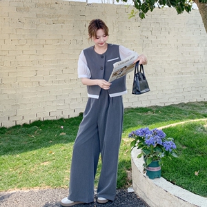 灰色假两件套装女2025夏季一整套ootd穿搭高级感上衣阔腿裤两件套图片