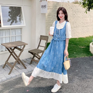 浅蓝色假两件扎染牛仔连衣裙女夏季新款法式小个子气质显瘦a字裙图片