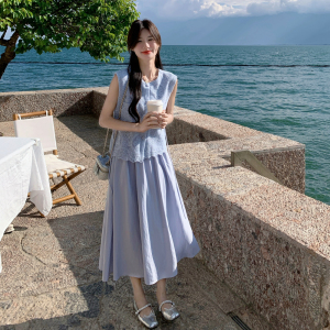 温柔风韩系蓝色蕾丝马甲套装女夏新款高级感气质显瘦半身裙两件套图片