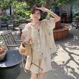 米杏色刺绣上衣短裤两件套女夏季超火独特绝美高级感巨好看一整套，女装套装/套裙，2C198
