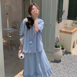 法式浅蓝色上衣半身裙套装女2025年夏季新款设计感小众气质两件套图片