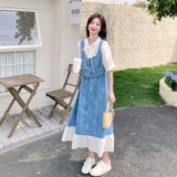 浅蓝色假两件扎染牛仔连衣裙女夏季新款法式小个子气质显瘦a字裙，女装连衣裙，2C198
