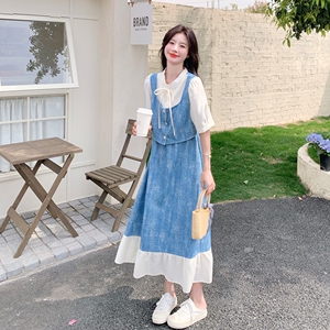 浅蓝色假两件扎染牛仔连衣裙女夏季新款法式小个子气质显瘦a字裙图片