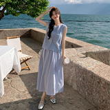 温柔风韩系蓝色蕾丝马甲套装女夏新款高级感气质显瘦半身裙两件套，女装套装/套裙，2C198