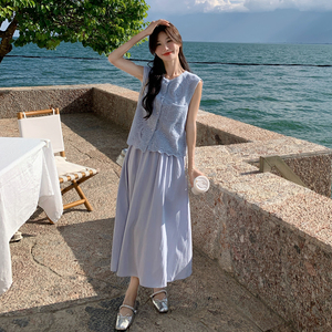 温柔风韩系蓝色蕾丝马甲套装女夏新款高级感气质显瘦半身裙两件套图片